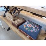 Wooden stool and 2 embroidered topped footstools