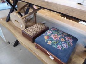 Wooden stool and 2 embroidered topped footstools