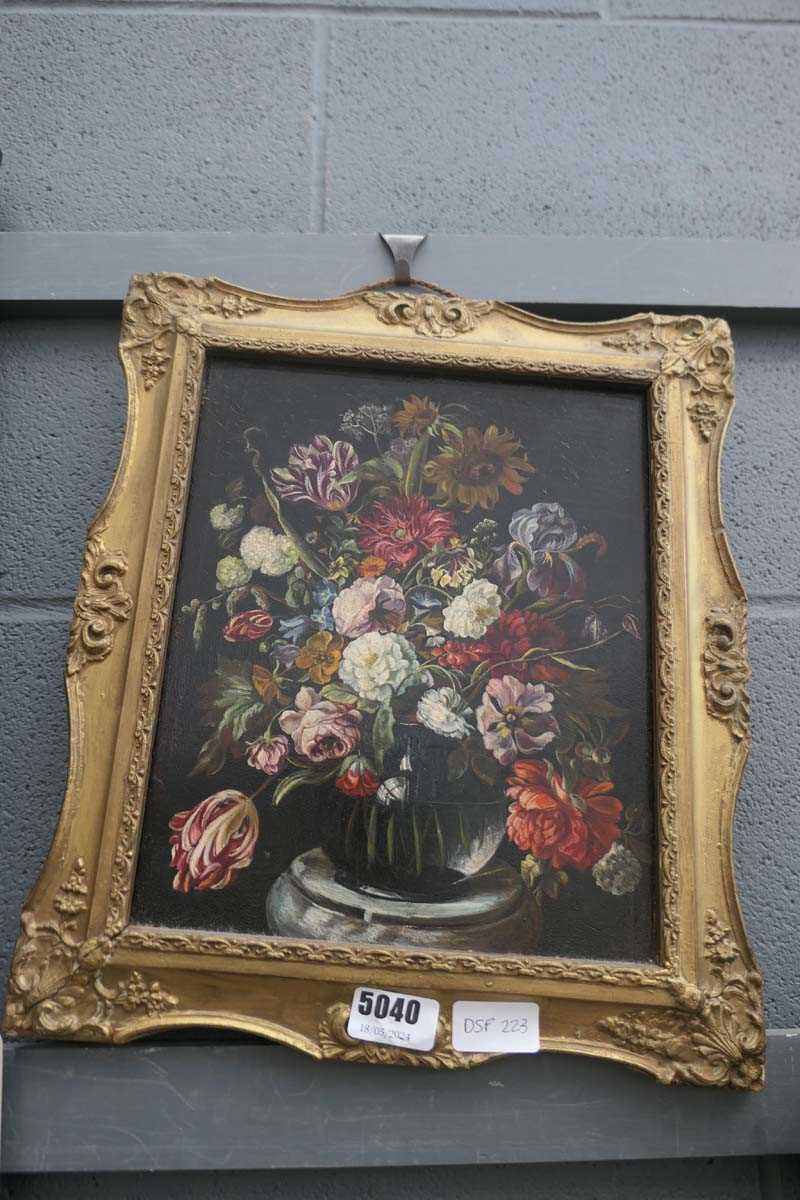 Framed and glazed oil on board, still life of flowers