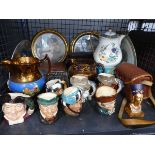 Cage containing mini Doulton Toby jugs, camera, circular framed portraits, collectable plates and
