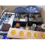 Box of items to include thimbles, jasperware, trinket boxes