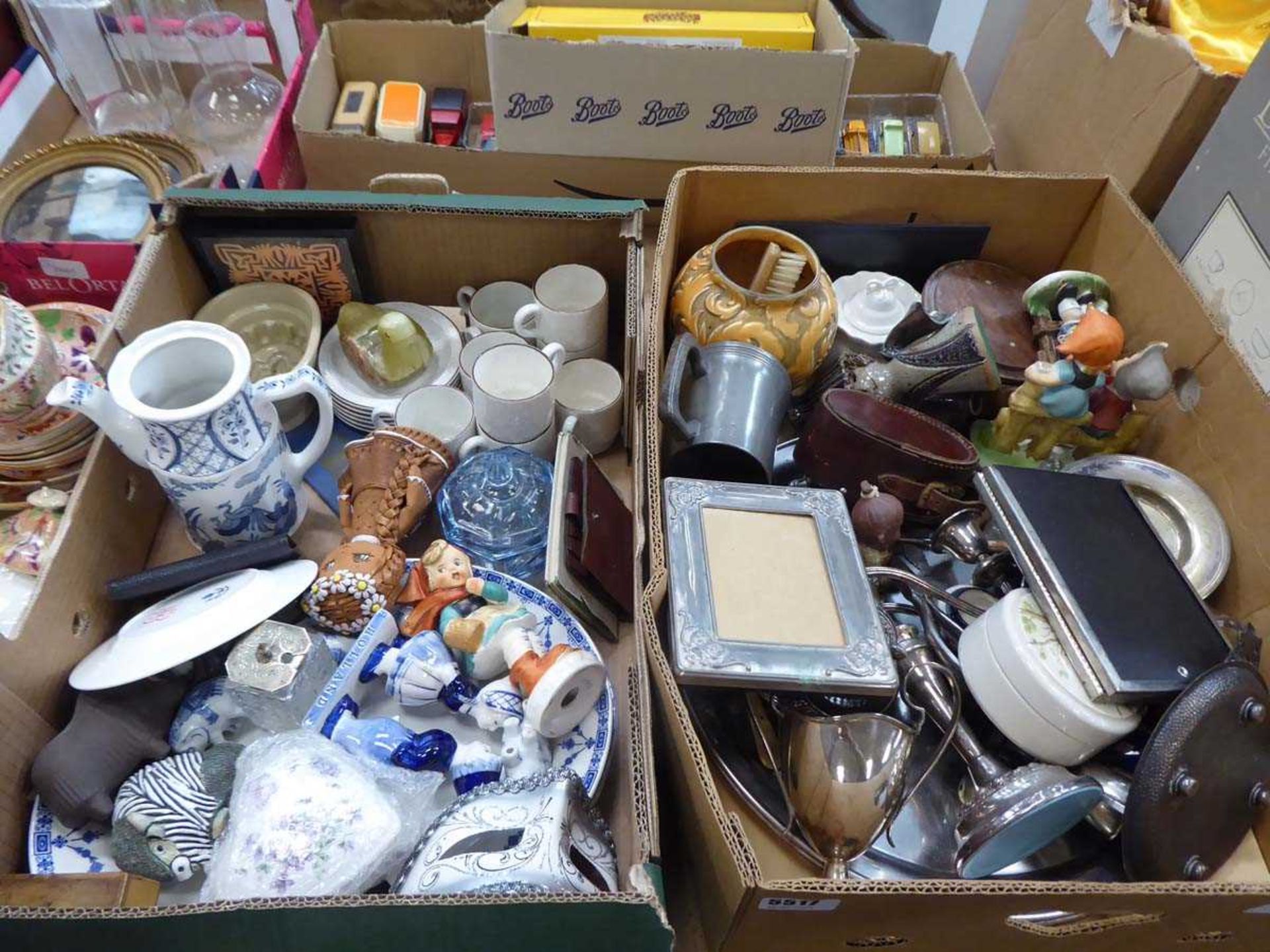 2 boxes of household ornaments inc. Delph style figures, blue and white teapot, Poole coffee