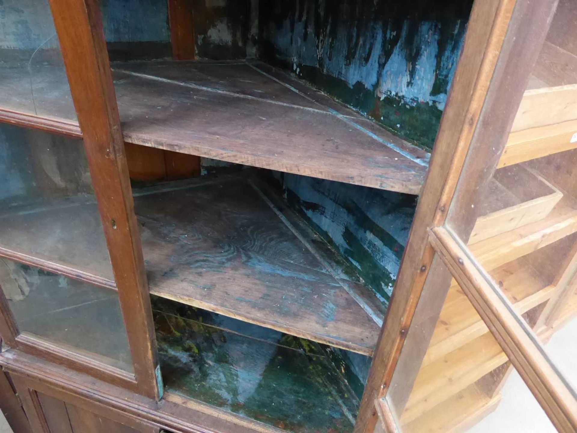 19th century oak and glazed corner cupboard Crack in top left glass panel. Cracks in both solid - Image 5 of 5