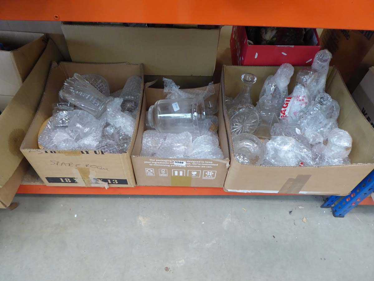 3 boxes of cut glass and moulded glass decanters, bowls and vases