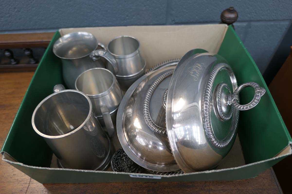 Quantity of white metalware to include tureens and tankards