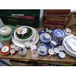 Part shelf of assorted household china inc. blue and white ginger jars, coffee canisters etc.