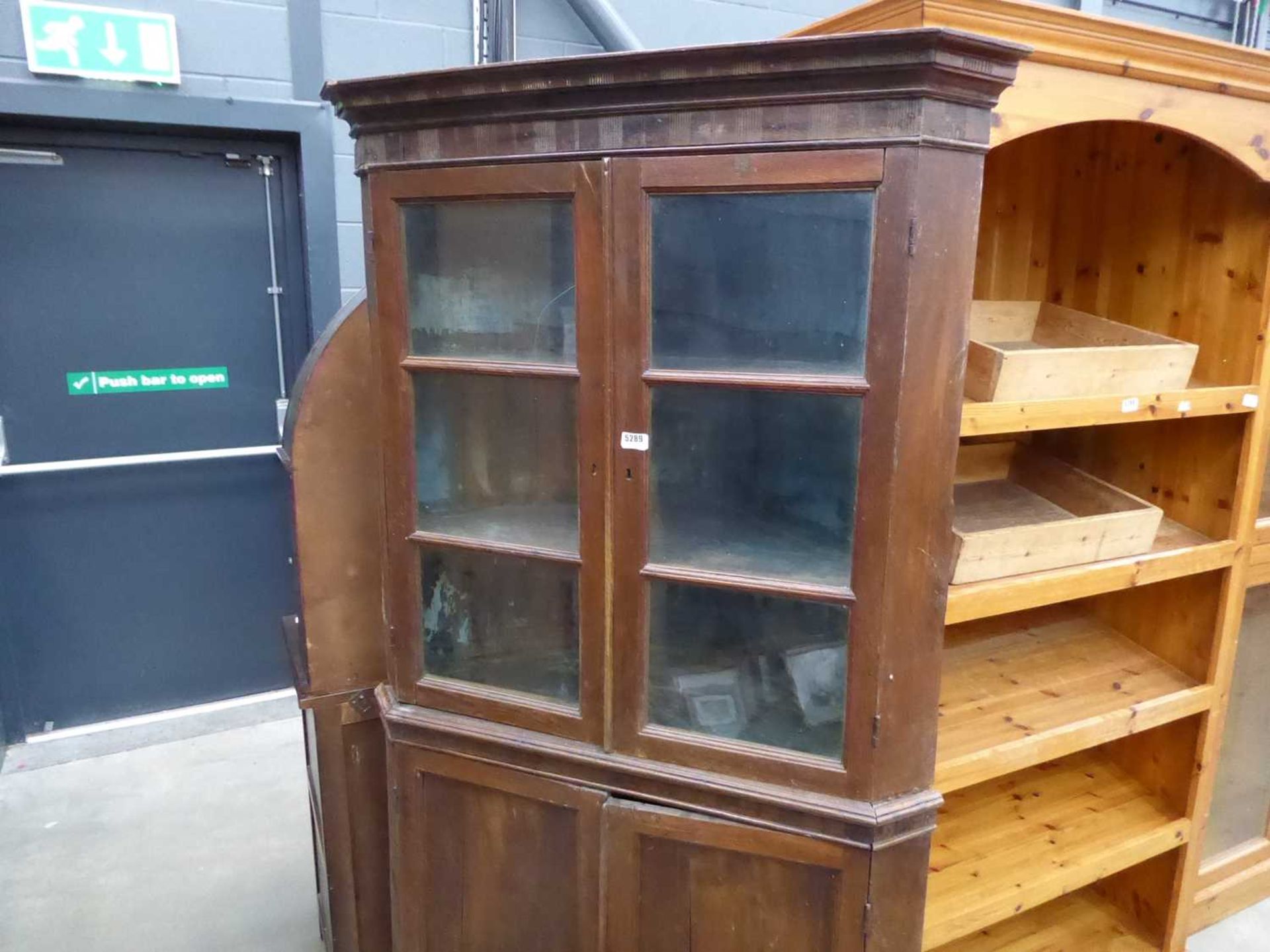 19th century oak and glazed corner cupboard Crack in top left glass panel. Cracks in both solid - Image 3 of 5