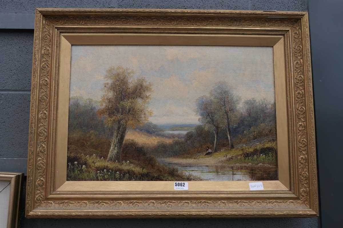 Gilt framed oil on canvas, riverside scene