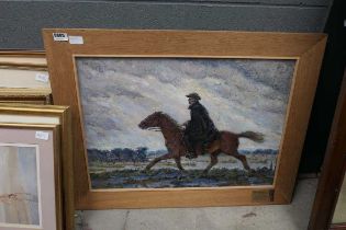 Pine framed oil on canvas, man on horse