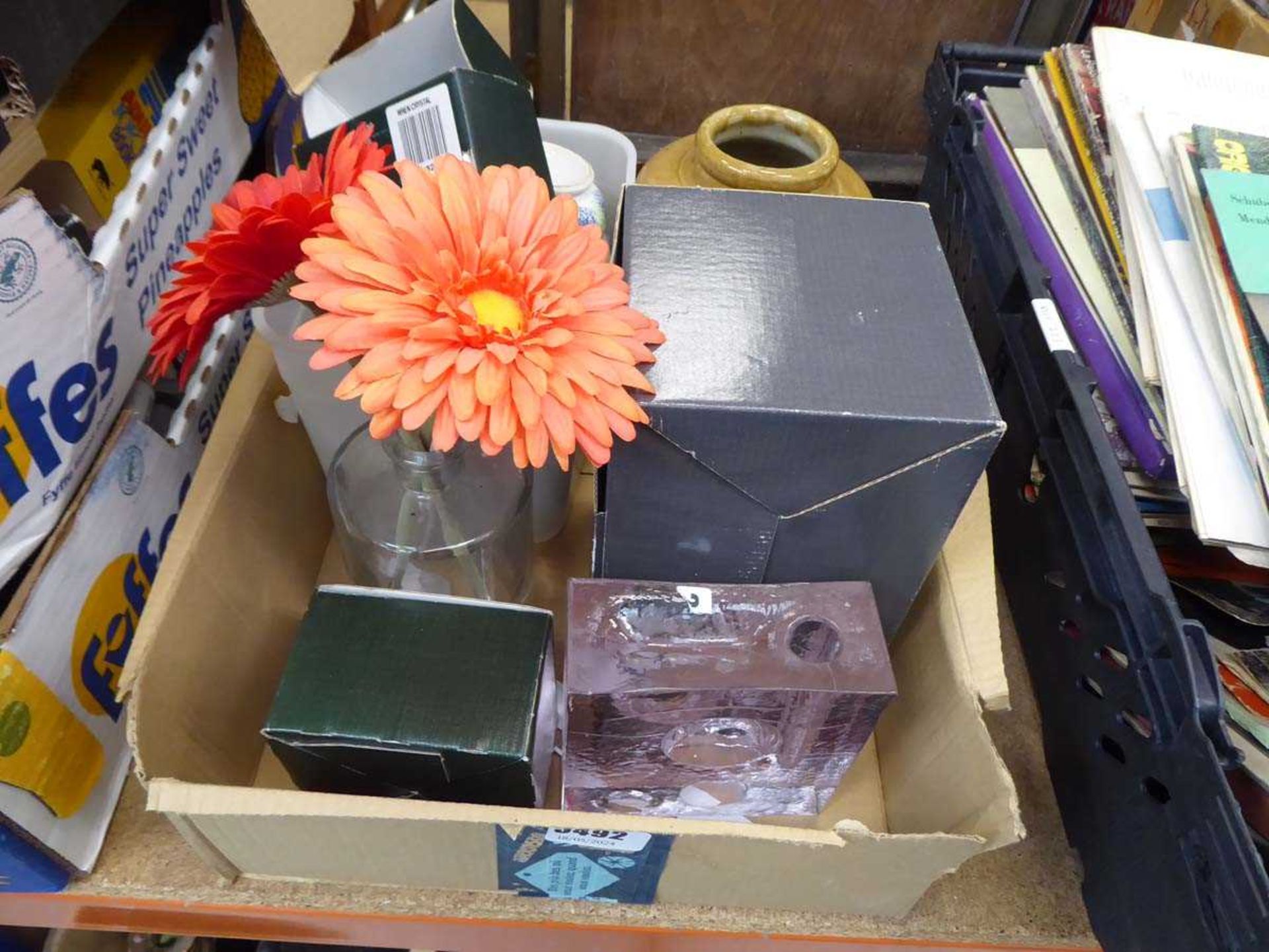 Box of assorted items inc. vases, glass paperweights, etc.