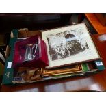 Box containing 2 pictures of fishermen, old gentlemen and a tankard