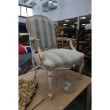 White and gilt frame armchair with blue and beige stripped upholstery