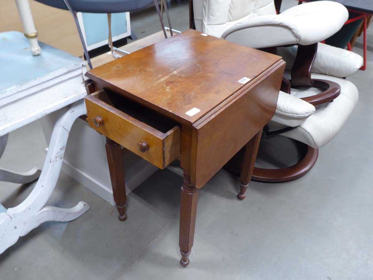 Small drop leaf occasional table with single drawer and tapered supports