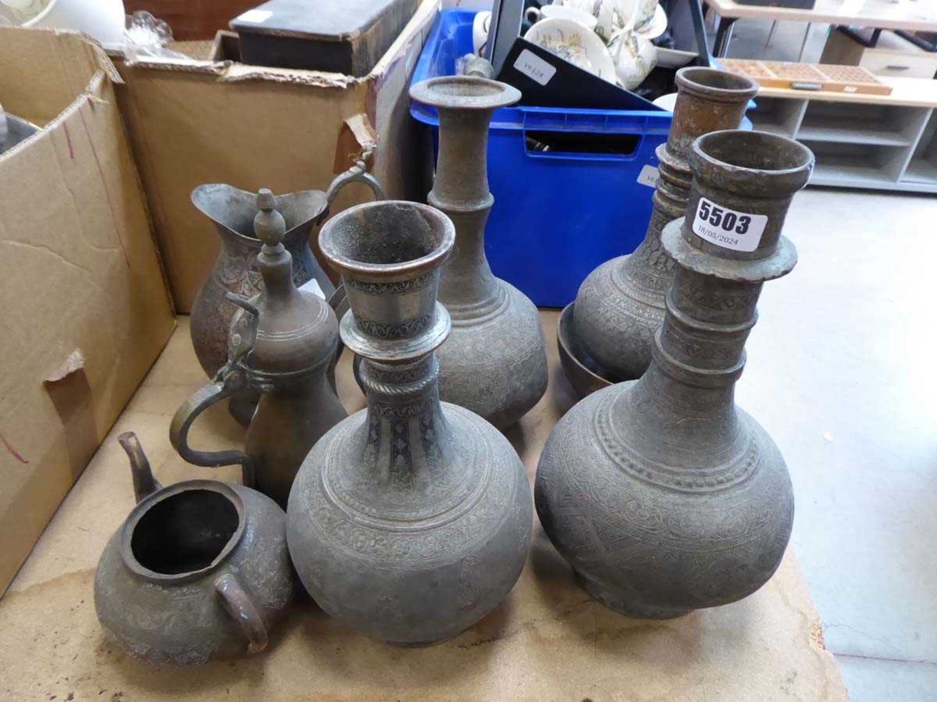 Quantity of Eastern metalworked vases, coffee pots, teapots etc.