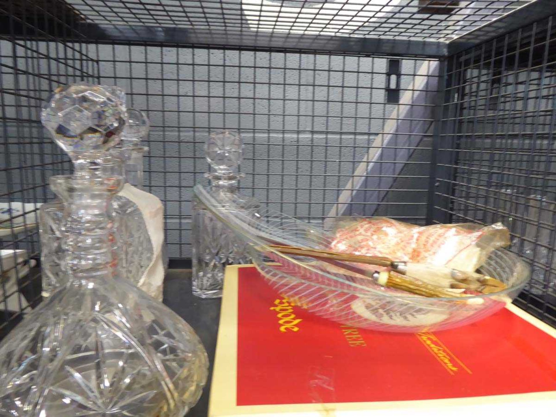 Cage containing cut glass decanters, large Spode nibbles tray and a glass 1930s bowl