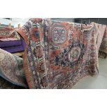 (2) All wool handmade Iranian carpet 2.5m x 3.5m with geometric design in terracotta, blues and