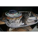 Large white metal salvor and quantity of plates