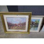 3 x assorted pictures, hunting scene, and race course scene