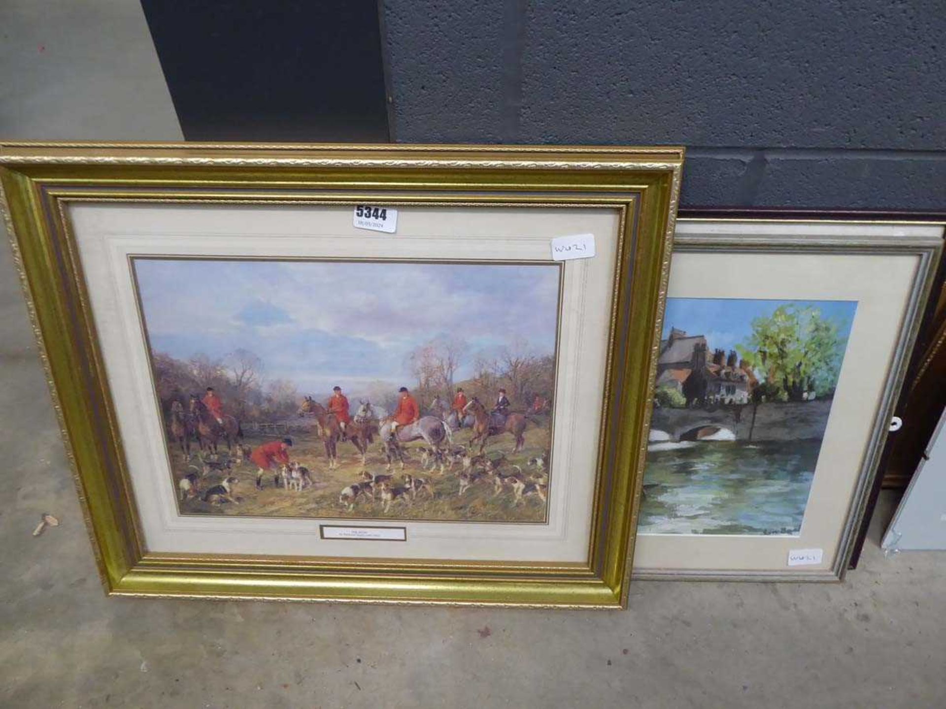 3 x assorted pictures, hunting scene, and race course scene