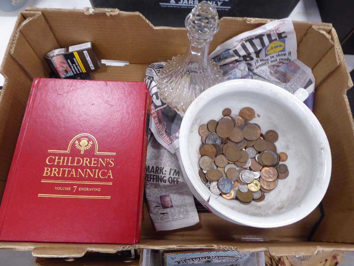 (1) Box of children's Britannica, decanter, coins etc