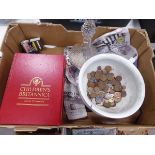 (1) Box of children's Britannica, decanter, coins etc