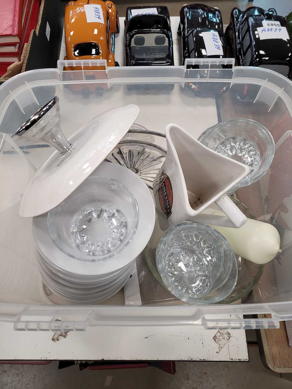 Three boxes to include glassware, grapefruit dishes.shells and plated trays