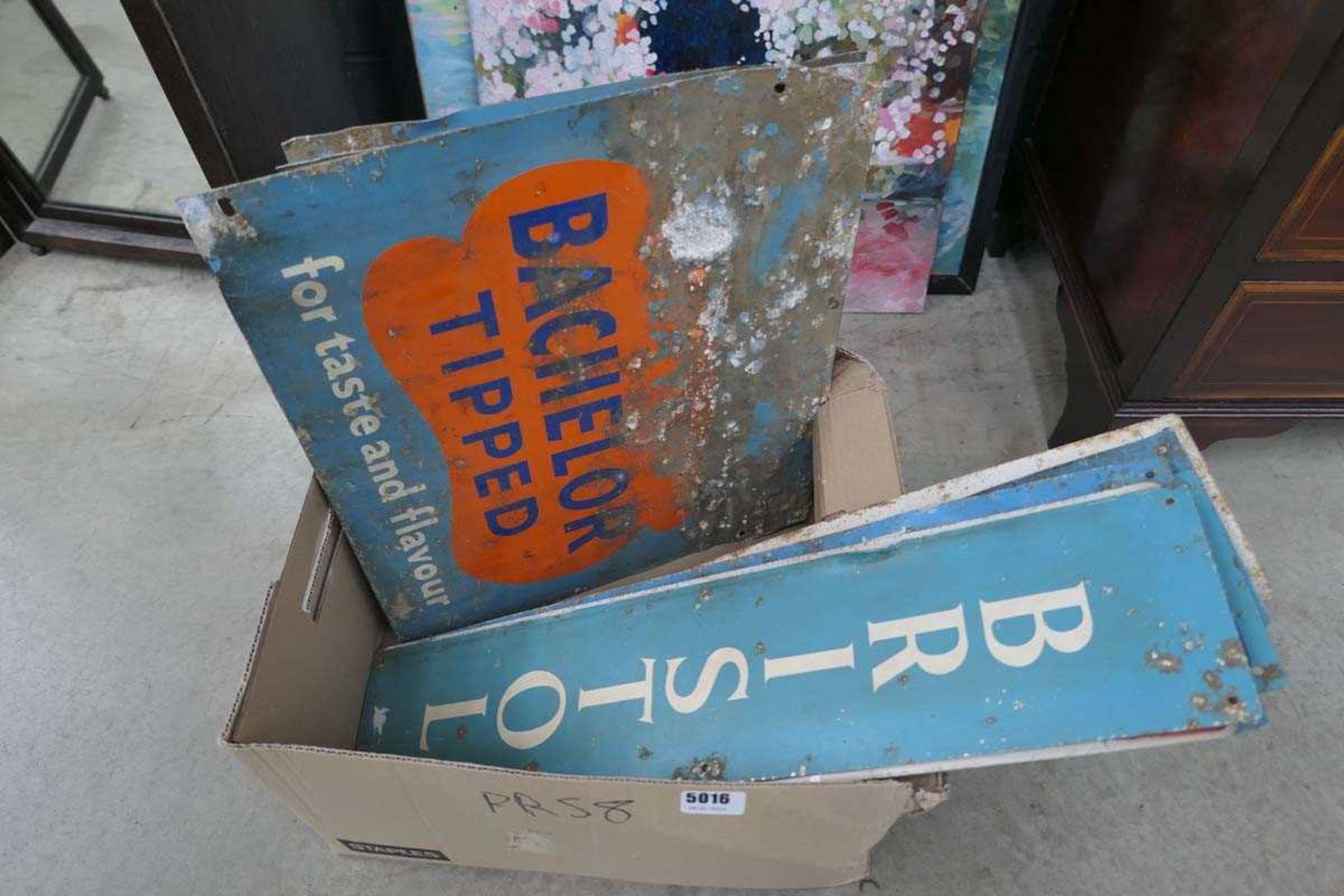 Quantity of painted metal signs, entitled Bachelors Tipped and Bristol