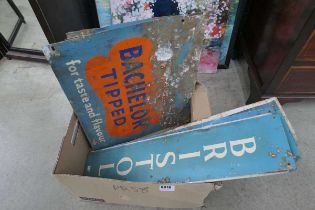 Quantity of painted metal signs, entitled Bachelors Tipped and Bristol