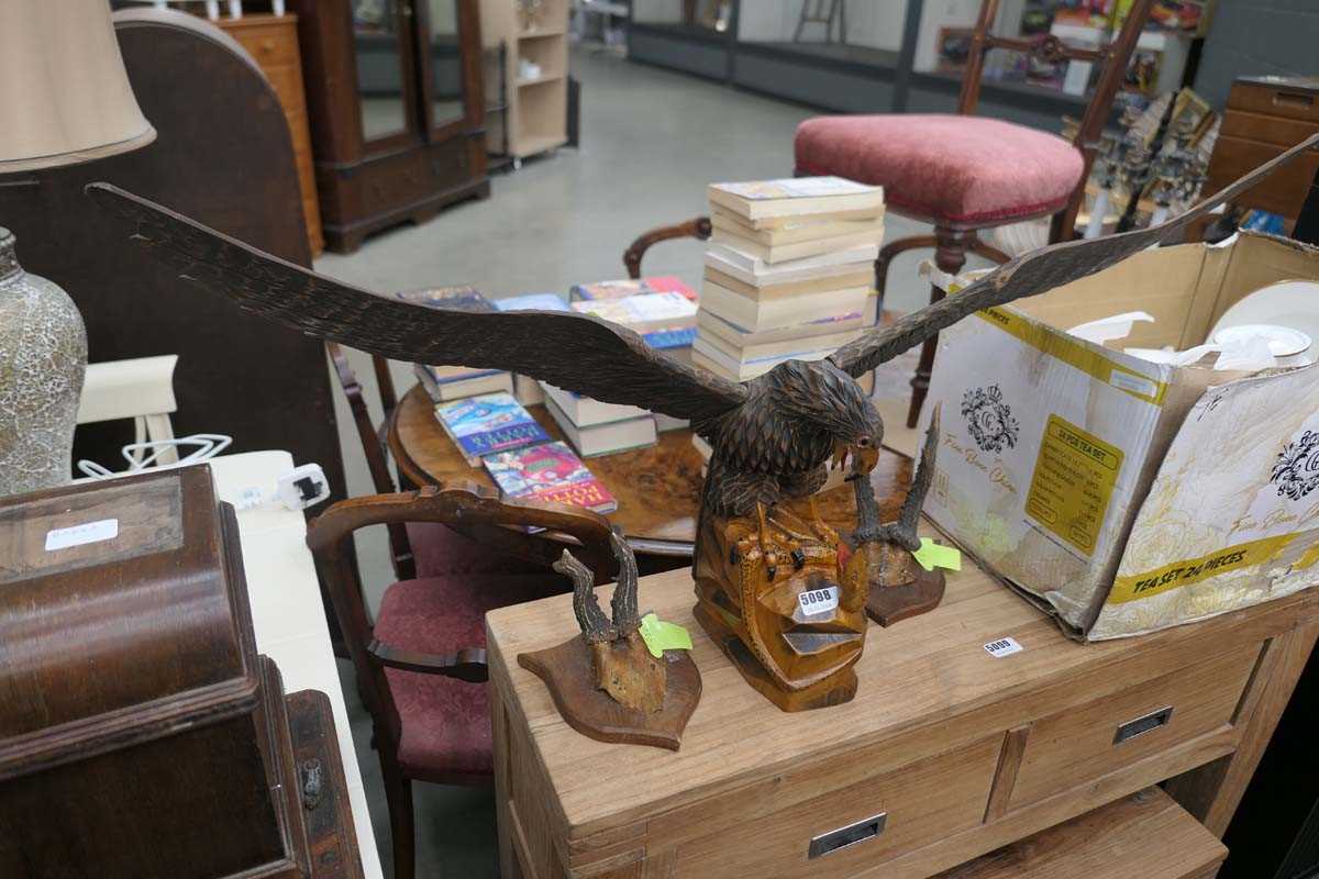 Wooden carved eagle and 2 pairs of antlers