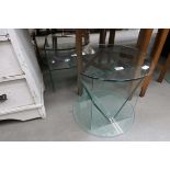 2 x circular glass tables on glass supports and a circular glass table with chrome support