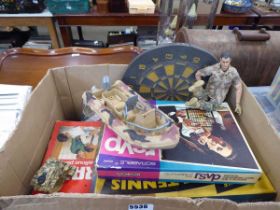 Single box of toys to include table tennis, Action Man and dartboard