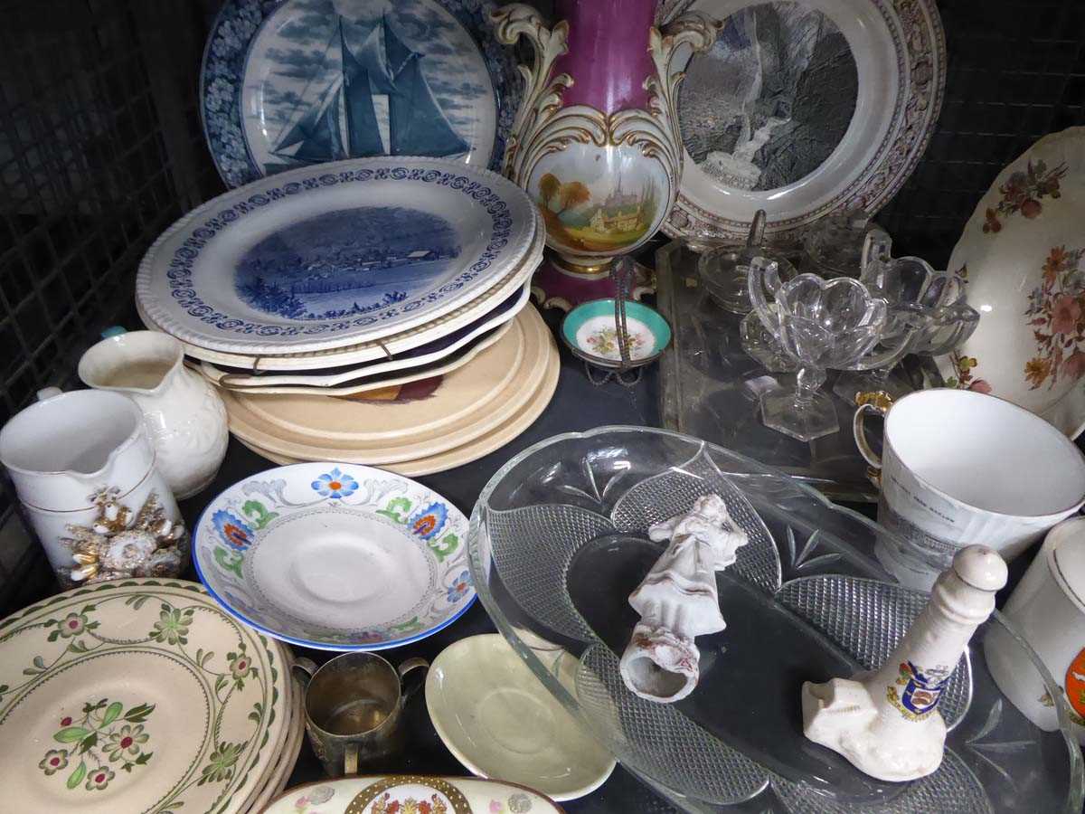 Cage of assorted china to include collectable plates, trinket pots, moulded glass trays