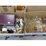 2 boxes of assorted household china and glassware to include tankards, figurines, jewellery box etc