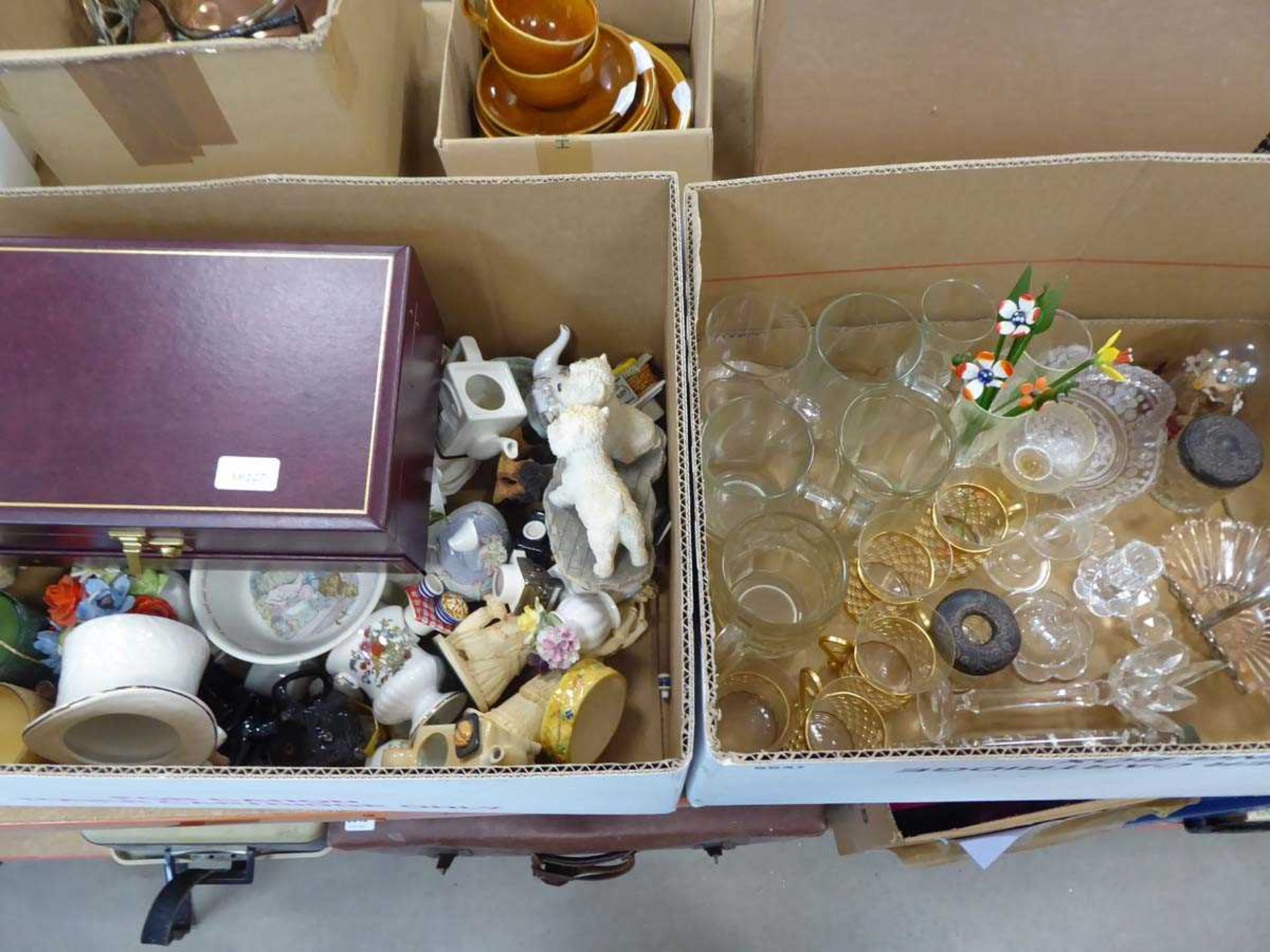 2 boxes of assorted household china and glassware to include tankards, figurines, jewellery box etc