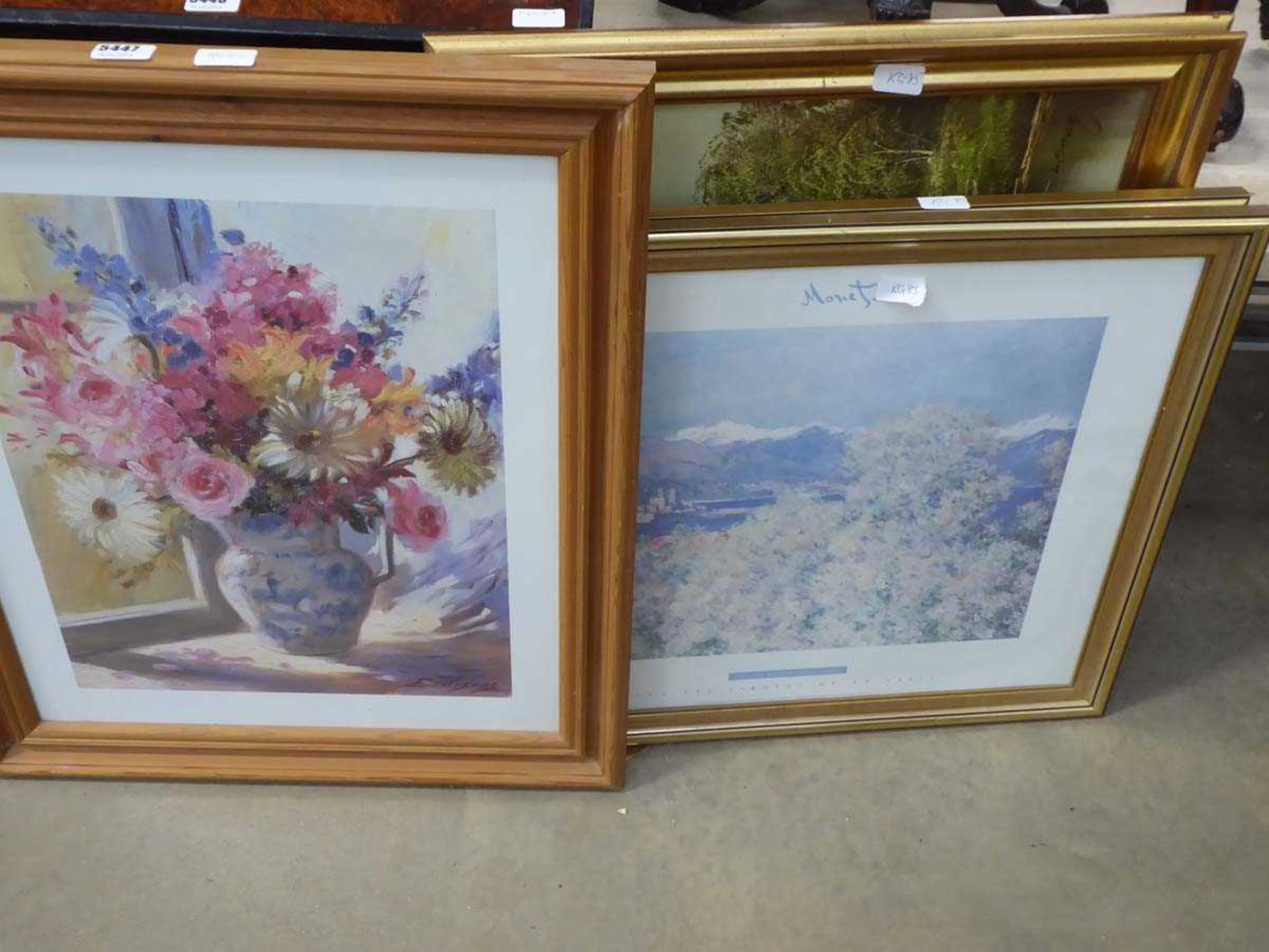 4 assorted prints inc, Monet, mountain scene, and flowers