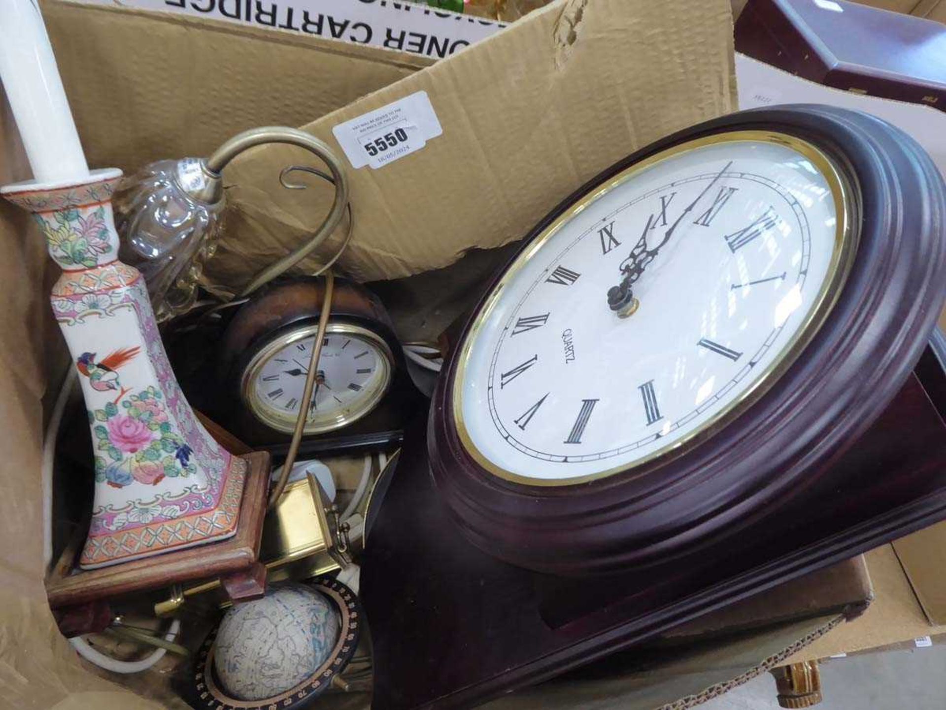 +VAT Italian style musical table and a box of clocks, lamps etc