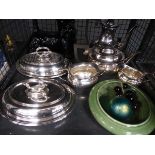 Cage containing white metalware and green crackle glaze bowl and a scotty dog figure
