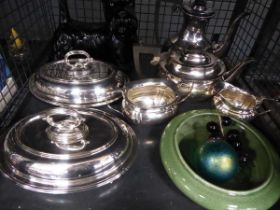 Cage containing white metalware and green crackle glaze bowl and a scotty dog figure