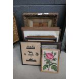 Quantity of assorted picture frames and embroideries, depicting houses, ships and steam engines