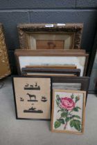 Quantity of assorted picture frames and embroideries, depicting houses, ships and steam engines
