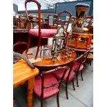 Victorian walnut loo table, together with 6 matching chairs