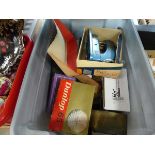 Box of assorted items inc. golf balls, mini sewing machines etc.