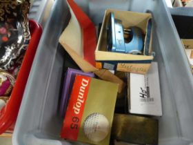 Box of assorted items inc. golf balls, mini sewing machines etc.