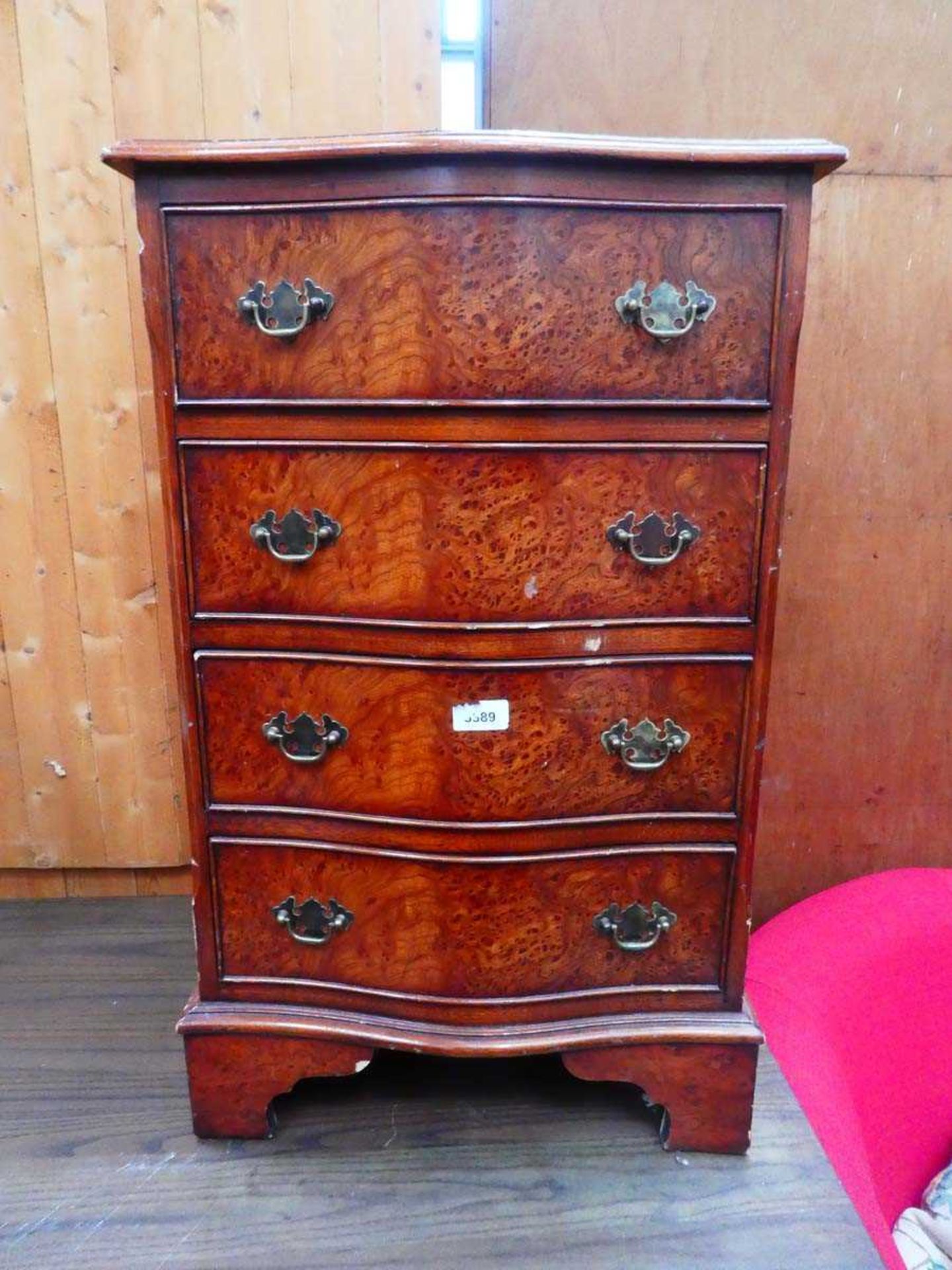 Reproduction walnut bow fronted chest of 4 drawers