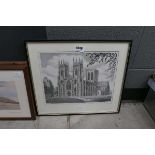 Framed and glazed black and white sketch of a Cathedral