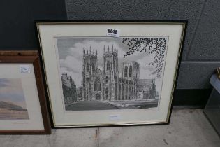 Framed and glazed black and white sketch of a Cathedral