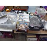 3 boxes of assorted kitchen related items to include sundae dishes, cake stands, white metal serving