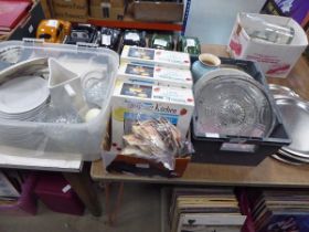3 boxes of assorted kitchen related items to include sundae dishes, cake stands, white metal serving