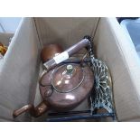 Box of copper kettle, trivet and saucepan