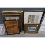 Large quantity of assorted pictures, to include wooden picture of stalk, boats, country scenes,
